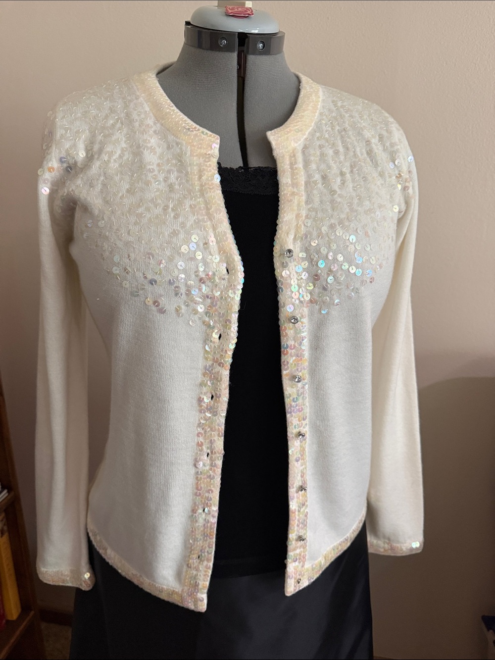 Dressbarn Cream Sequin Trim Open Cardigan Sweater